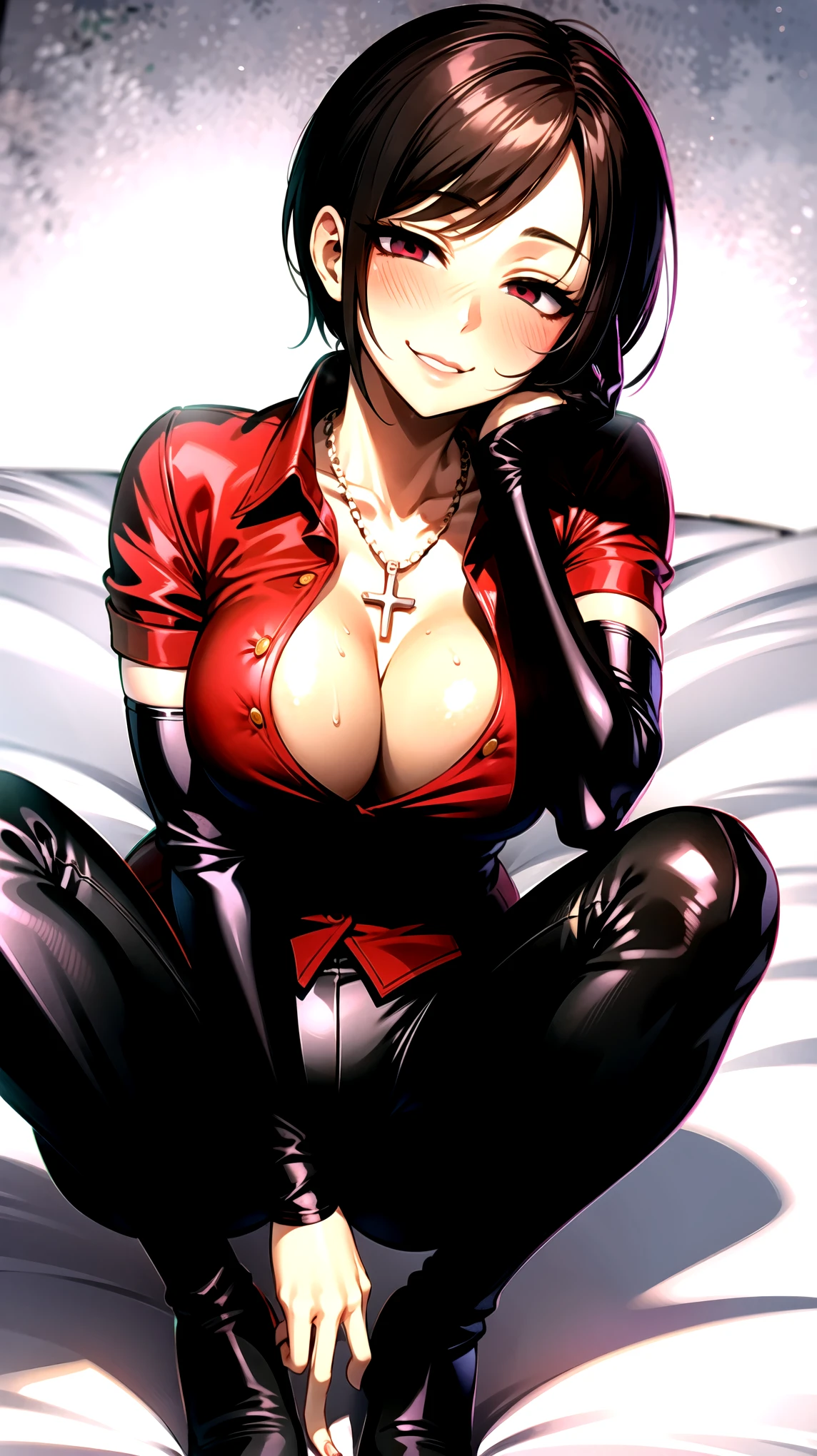 （（super high quality,））（（Ultra-high resolution,））（16K,）（super masterpiece,）（（Ultra HD ,））（Detailed shading,）Full body photo,One sexy mature woman,（（Red collared shirt,popped Tight collar,））Folded sleeves,Black long gloves,（Glossy black pants, Black long boots,）Black hair straight short,Sharp Eyes,blush,Sexy smile,Cleavage,Cross Necklace,（（Lying in bed,））Put your hands on your head,Sweaty,Spread your legs wide,