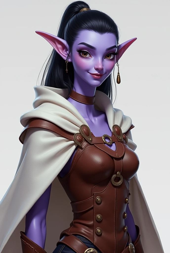 photorealism:6.5), light purple slim tiefling smilingly coyly, black hair and trimmed beard, wearing brown studded leather armor on chest with a white cape, brown pants and boots. Full body image with no background.
