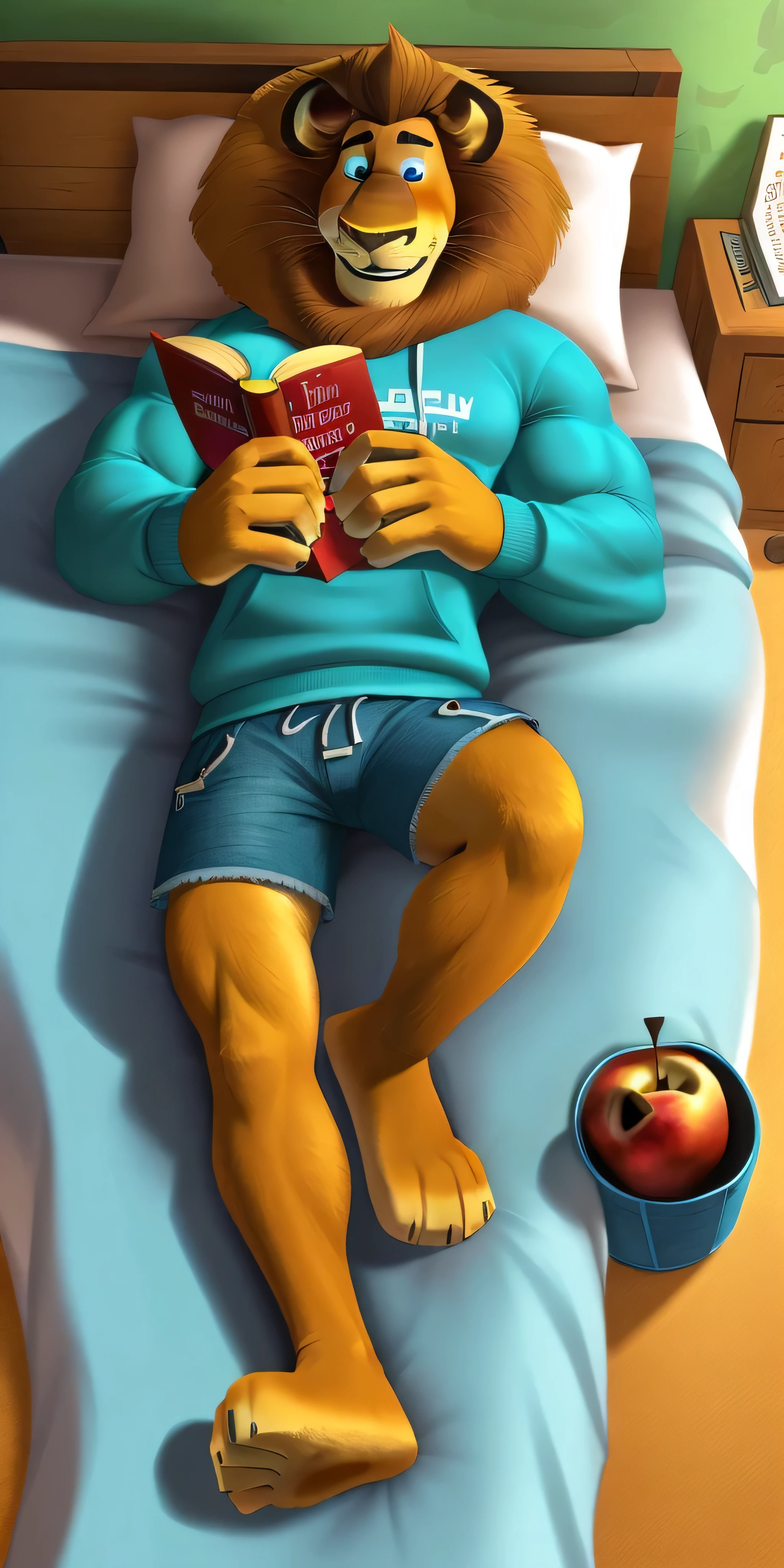 Alex the Lion, muscular body, big biceps, extremely beautiful and cute face, perfectly detailed blue eyes with perfectly detailed pupils, wears cyan sweatshirt, denim cargo shorts, bare feet, room background, lying on the bed, reading a book, eating an apple, friendly look, cute smile