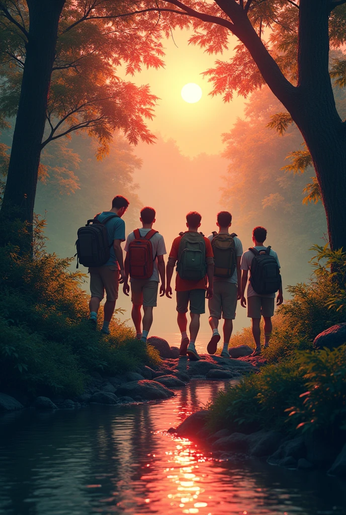 Five male friends traveling in the forrest and they found a river ( this photo may finish with a red and dark colour grade