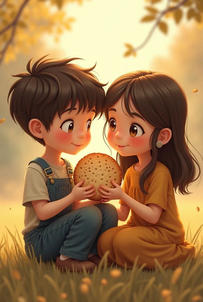 A boy and a girl together eating a round whole wheat biscuit