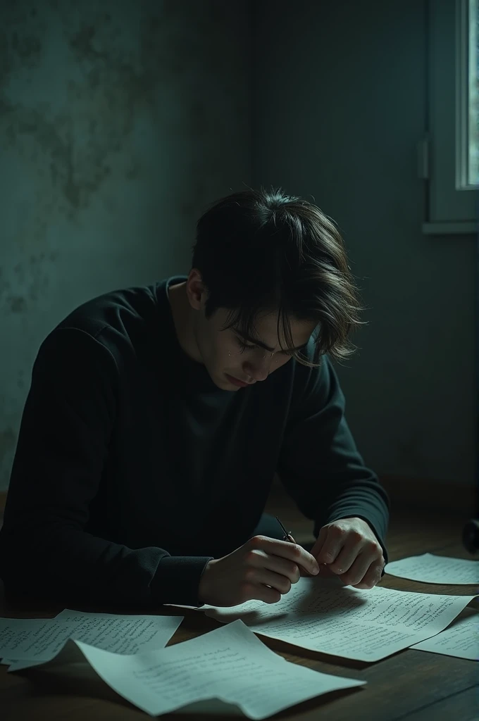 Un jeune homme assis seul dans une pièce sombre, avec des papiers éparpillés autour de lui. Son regard est perdu, et des larmes se mélangent avec les mots non écrits sur une feuille, illustrant sa douleur et son désespoir."