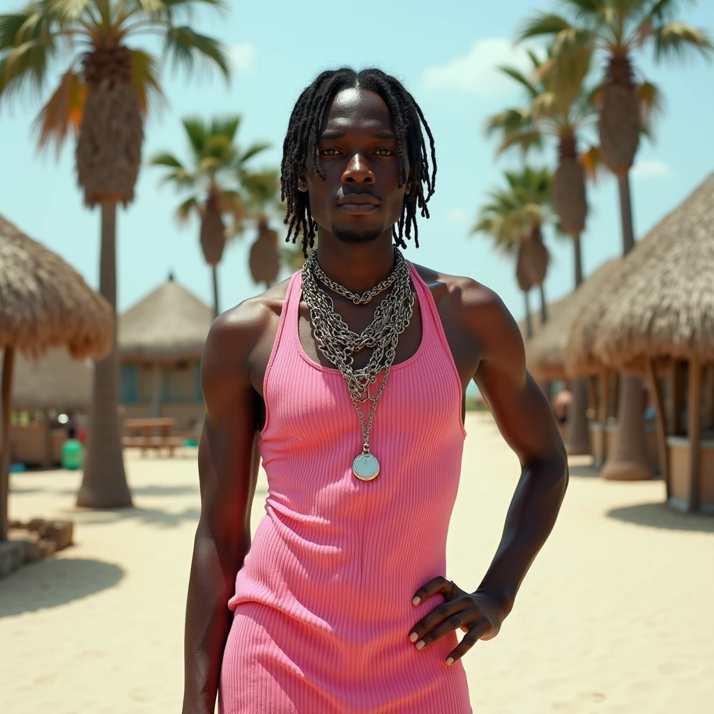 high fashion photography of a man as a ((sanitation worker)) with ((micro braids hair)) in layered necklaces,a blend of chains of varying lengths,creating depth and showcasing multiple pendants or charms,dressed in pink halter-neck dress,ribbed texture,form-fitting,palm trees,beach huts,clear sky,sandy ground,standing,one hand holding phone,slight body turn,eye-level shot,center framed,natural lighting,in the ruins of a forgotten temple,soft lighting,(bilaterally symmetrical:1.4),shot on Leica M10 with LEICA 35mm f-2 SUMMICRON-M ASPH,photo by Julia Margaret Cameron 