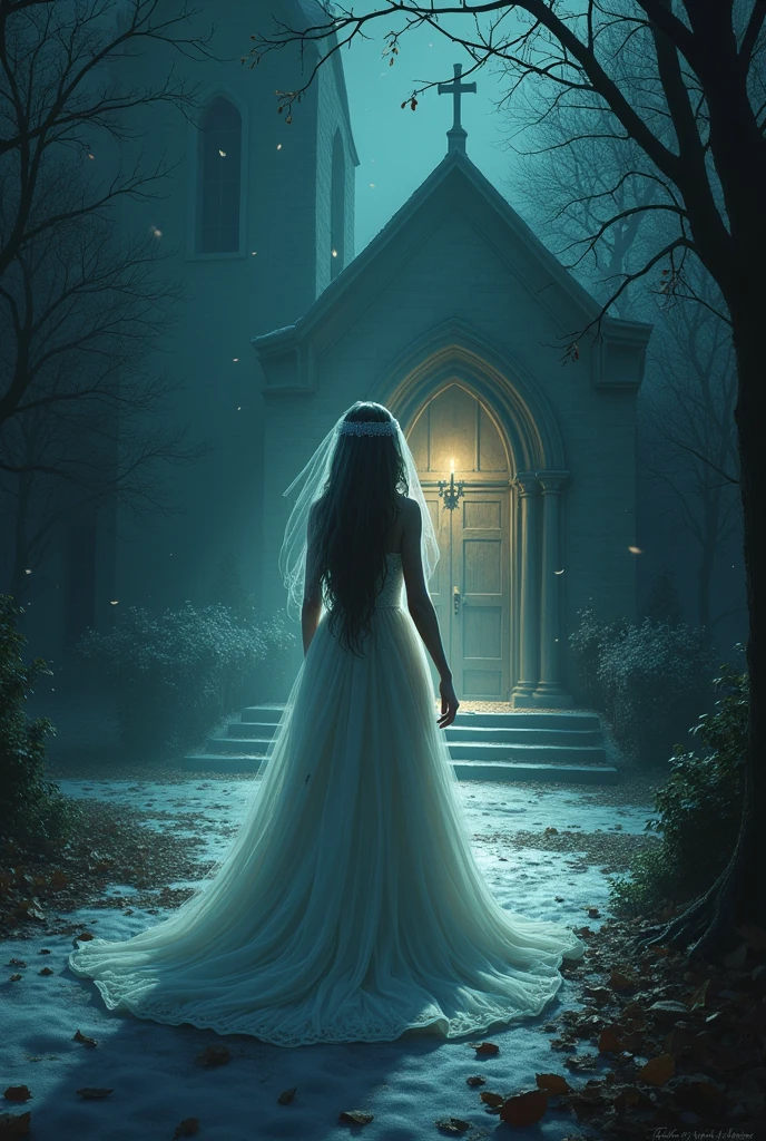 cold and stormy night , bride going to the church door to get married , Climate of terror , candle light , bridal gown , horror film , 3d drawing horror candle lights, noise , leaves flying ,