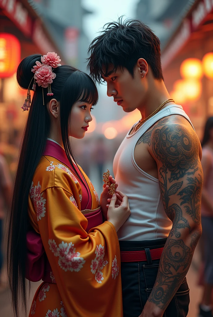 A vivid and dramatic scene,Depicts two highly detailed and unique character characters,Captured in high definition and vivid color。The first character is a woman,Has complex facial features,Wearing a traditional and bright kimono,There are exquisite patterns on it,Holding a delicate trinket in hand。Her hair is smooth、Straight、black,Decorated with delicate flowers,Emphasizing her cultural heritage。The second character is a muscular man,With distinct features and a rugged expression,Wearing a tight white vest,Highlighting his muscular physique and detailed tattoo designs on his arms。His hairstyle is a modern messy style,Increased his tough guy temperament。Both figures are in dynamic poses.,Showing their unique personality,There are no signs,The background is a blur、Vibrant market street scene,Use warm mood lighting at dusk to highlight people。