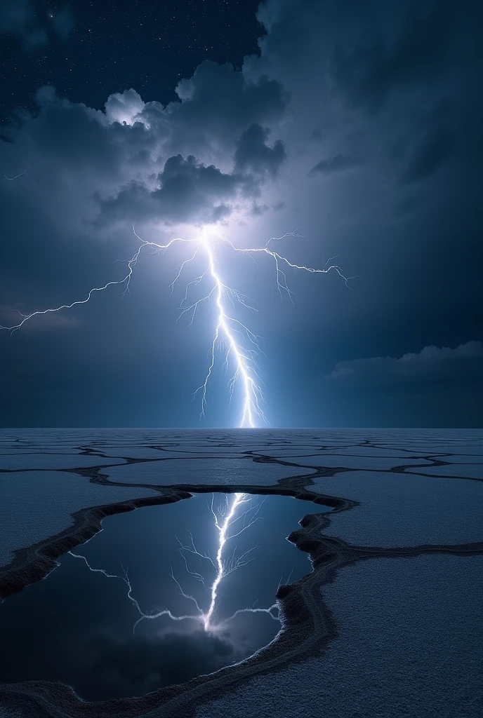 lightning and thunder ((masterpiece, highest quality, Highest image quality, High resolution, photorealistic, Raw photo, 8K)), ((Extremely detailed CG unified 8k wallpaper)), The starry sky reflected in the Uyuni Salt Flats,