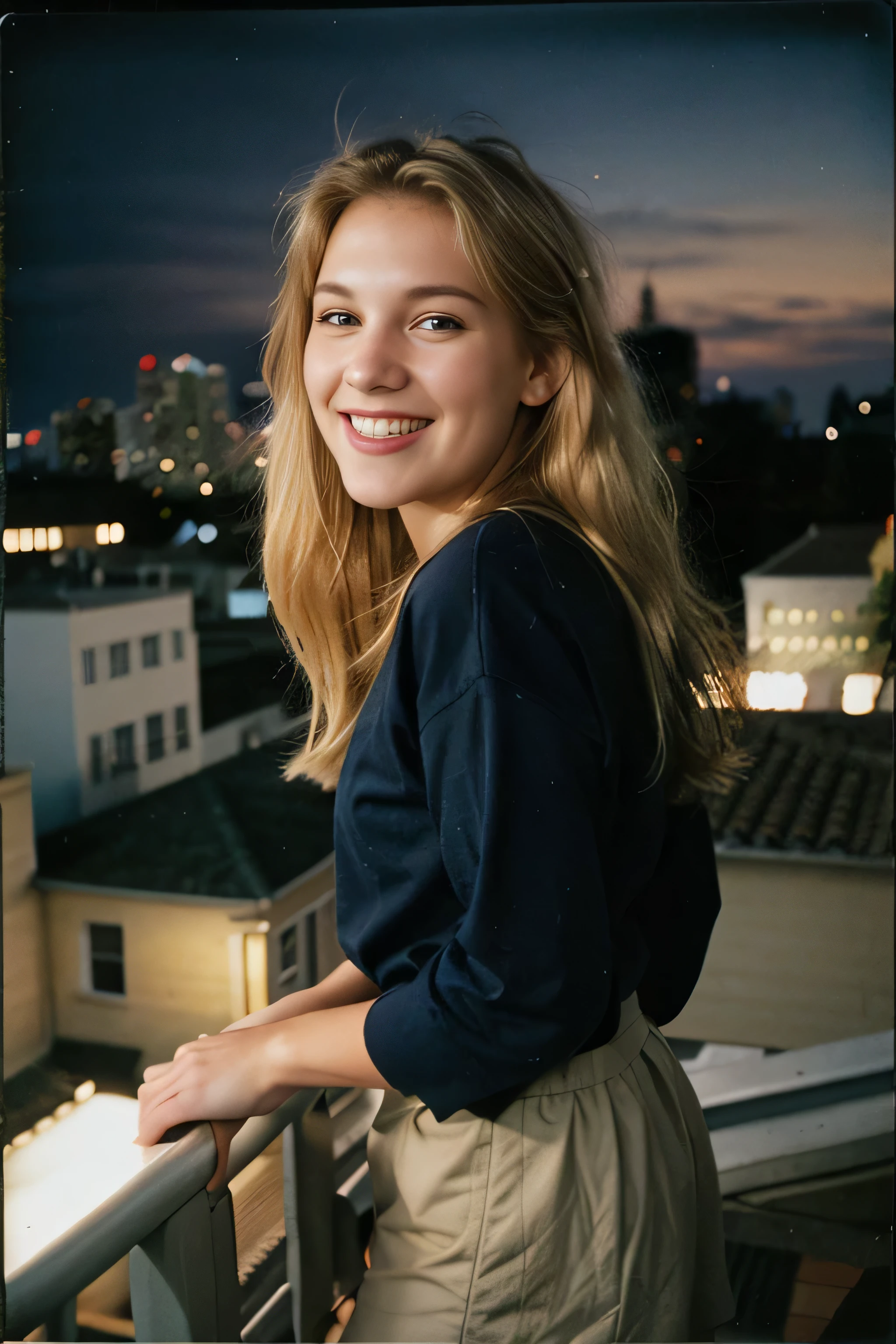 Polaroid photo, Night photo, Photo from 18 years ago.beautiful woman, Motion blur, blond , everyday clothes, rooftop, midnight, Laugh, gechillt