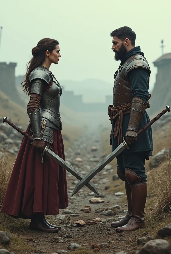 Set up a woman versus a man far apart from each other on a medieval battlefield, one far from the other about to start a fight, with several bodies on the floor