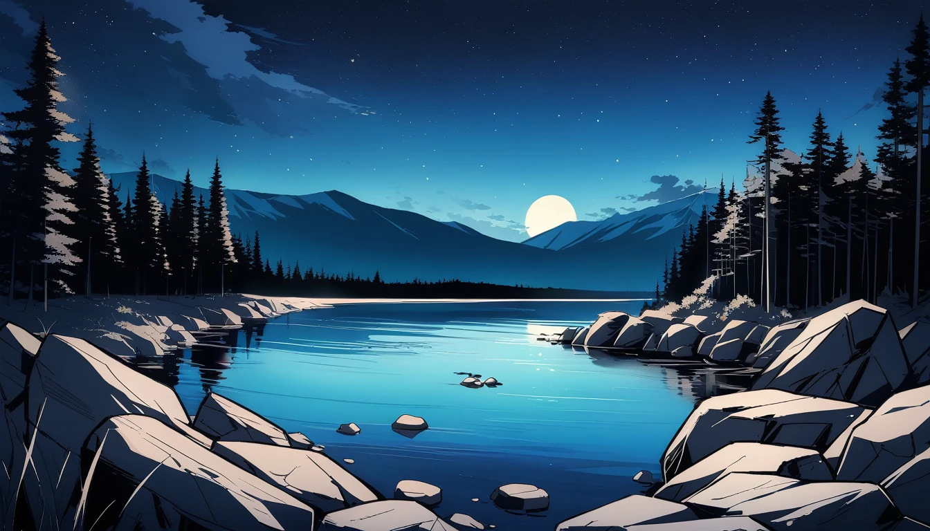 anime, beautiful forest night, lake in distance, outlines, rocks