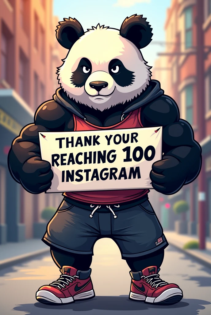A cool badass cartoon panda in sportswear holding a sign in his hands saying thank you for 100 followers on instagram