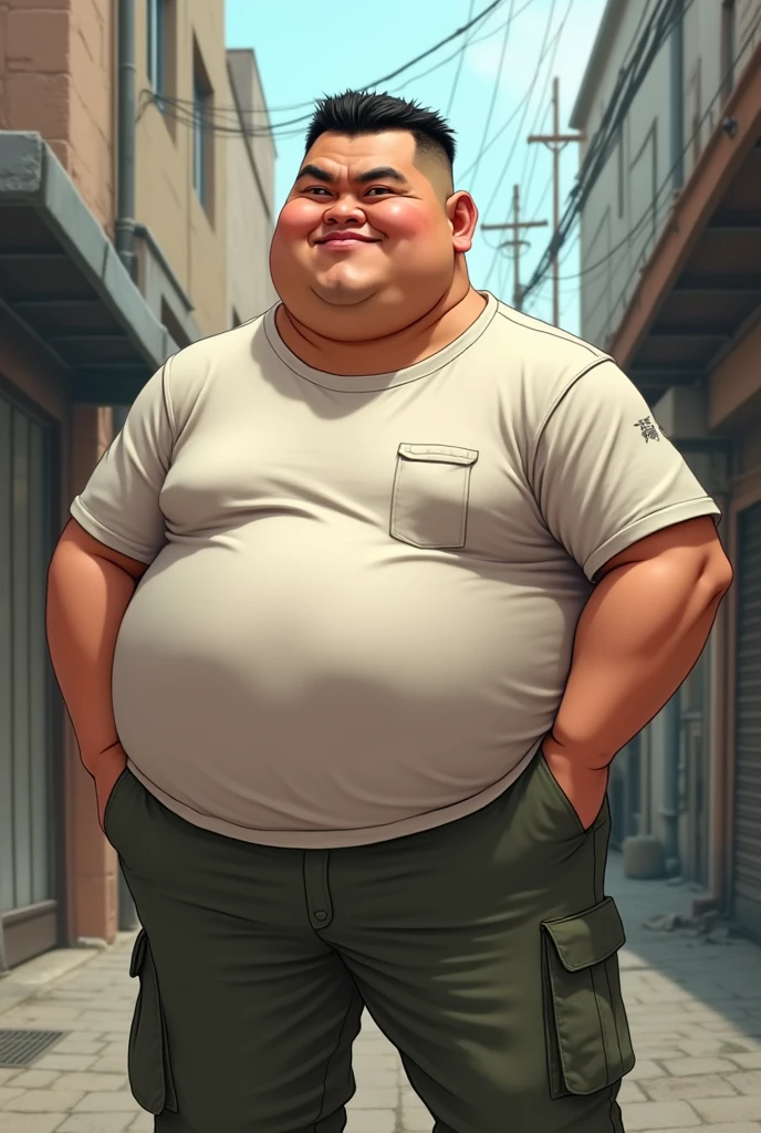 Fat Asian guy with a military cut, false and idiot