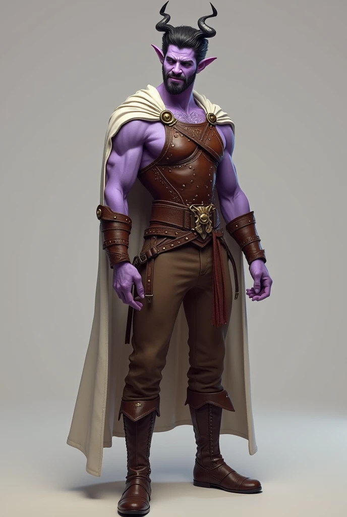 photorealism:6.5), light purple slim male tiefling smilingly coyly, small curled horns surrounded by black hair and trimmed beard, wearing brown studded leather armor on chest with a white cape, brown pants and boots. Full body image with no background.