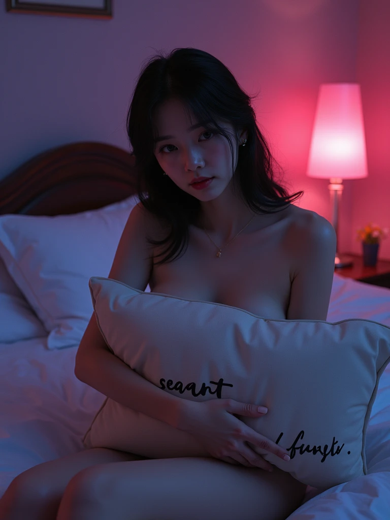 A naked 20 years old Japanese woman sits on a bed, hugging a large pillow with the words "SeaArt Infinity" written on it, with her enhanced huge breasts partially hidden by the pillow, her cleavage exposed, looking at the viewer, full body shot, movie lighting, glow, neon,