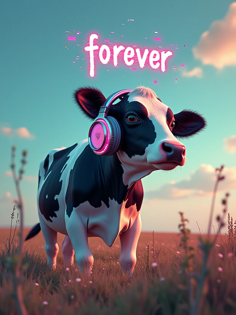 A cow with black and white patches stands in a field under a surreal, glitchy sky. It wears a pair of oversized headphones that appear to be malfunctioning, with digital static and pixelated fragments flickering around them. The headphones have an iridescent sheen, blending colors as they glitch. Above the cow's head, the word 'forever' hovers, written in a neon, cyberpunk-style font, slightly distorted as if it, too, is affected by the glitch. The overall atmosphere is a blend of pastoral calm and digital chaos, merging the natural with the artificial in a strange, dreamlike scene