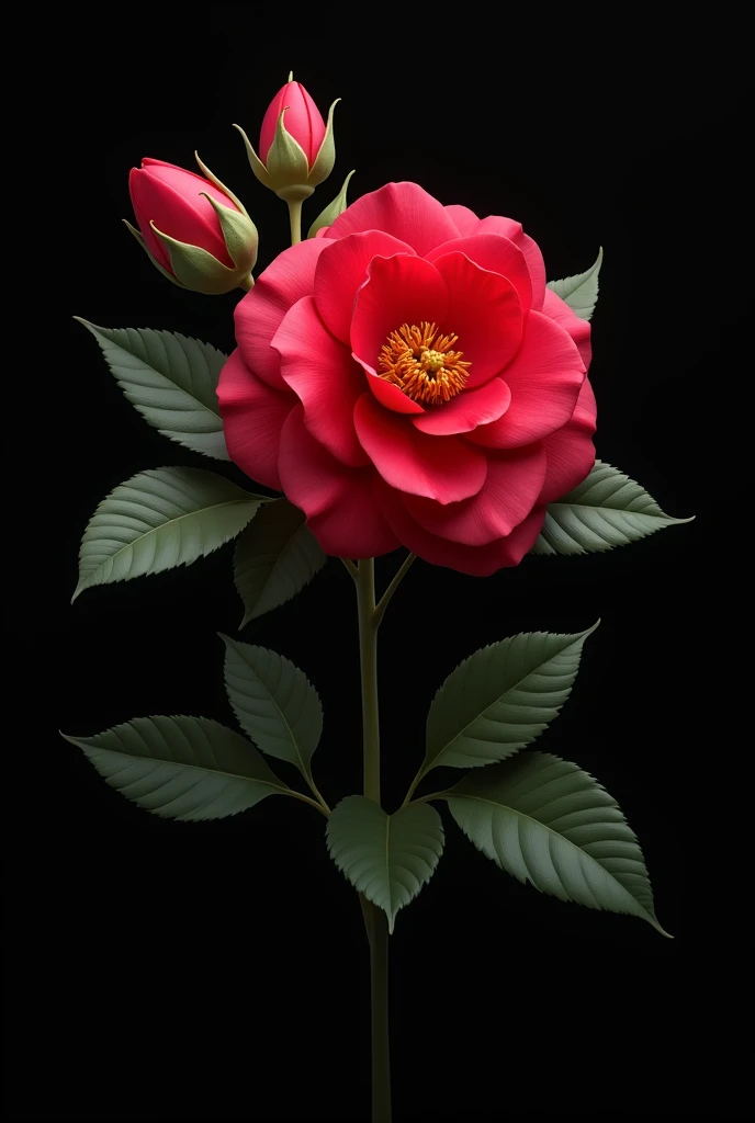Red camellia flower with buds facing the camera and 6 leaves with a sleeping pose and with a black background