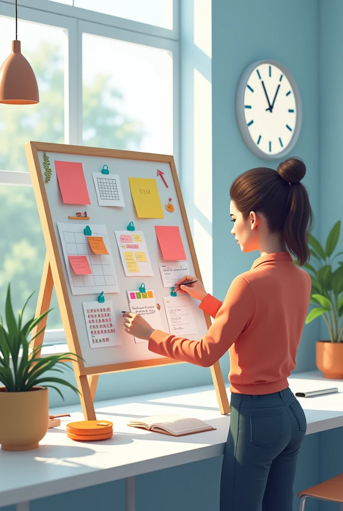 Create an image of a person organizing a productivity board with a clock highlighted in the background