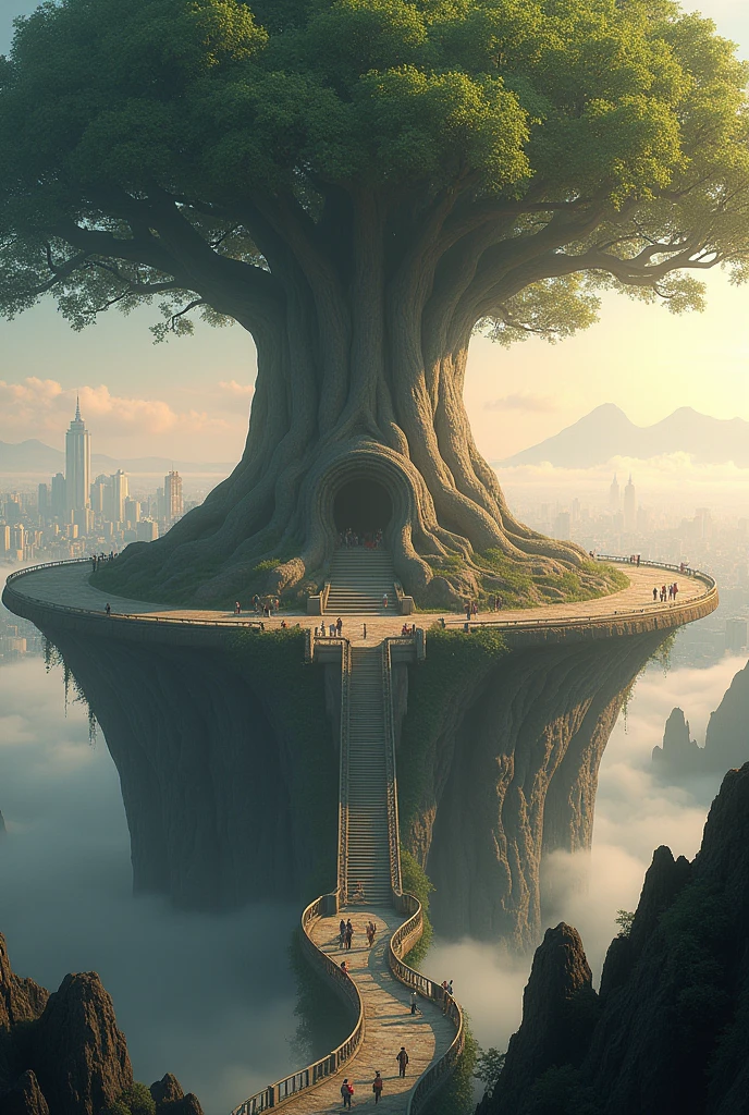 A massive, ancient tree towering over a city, with roots that form a large elevated platform. The tree has a thick, lush canopy that spreads out wide, casting shadows over the structures built around its base. The platform is accessible by a grand staircase leading from a bustling pathway below. The scene is set at golden hour, with soft sunlight illuminating the scene and casting a warm glow over the landscape. The tree and city are situated above the clouds, with mist and distant mountains visible in the background. People are walking along the path and exploring the area, giving the scene a lively atmosphere."