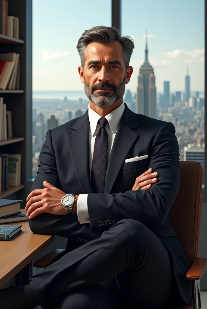 Crée une image d'un homme élégant et charismatique dans la trentaine ou quarantaine, dégageant une aura de succès et de confiance. Il porte un costume bien ajusté de haute qualité, avec une montre luxueuse au poignet, symbolisant sa réussite. Il est bien coiffé, avec des traits du visage assurés et une expression calme et réfléchie. Il se tient dans un environnement sophistiqué, comme un bureau moderne avec une vue panoramique sur une ville prospère. Autour de lui, des éléments comme des livres 