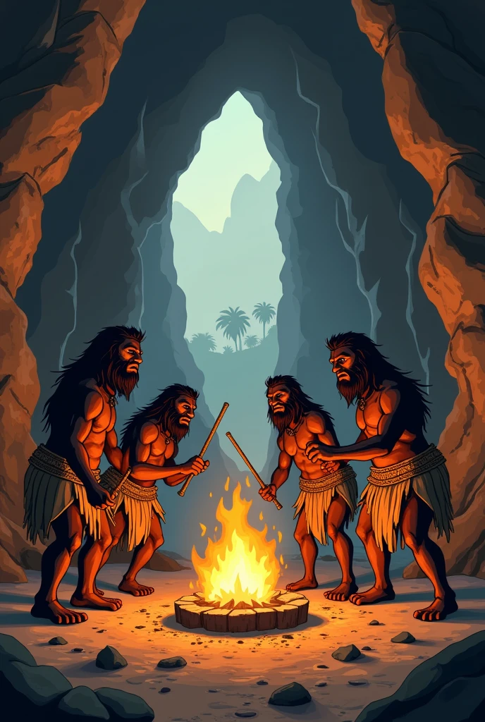 Stone age animated, darked skin and they making fire in the cave illustration make it Landscape