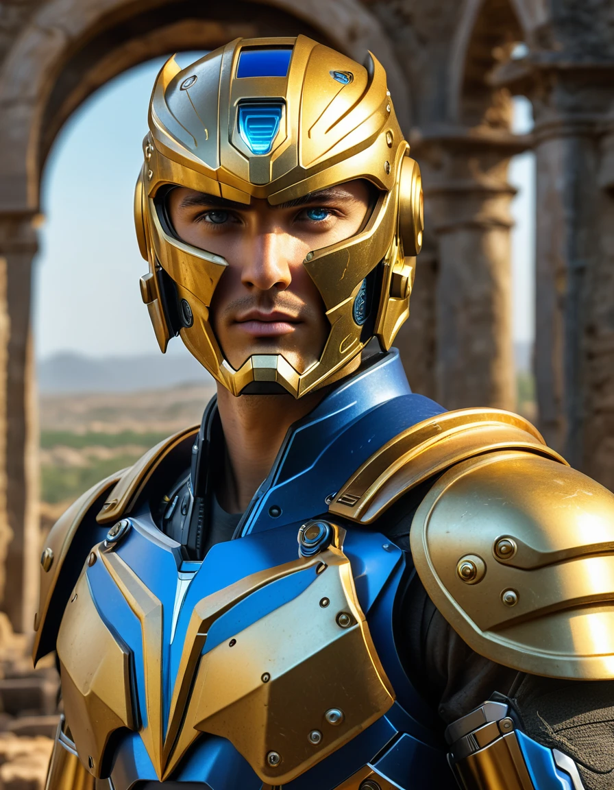 (((1man)))  a hyper realistic ultra detailed photograph of a handsome  photorealistic Leo at agreek ruins background fighting pose full body, tattered Leo gold half shiny Gold mecha-armor,Helmet, sort blonde hair, blue eyes, dynamic pose full body, use yellow lightning full power, detailed symmetric beautiful hazel eyes,detailed fingers, detailed gorgeous face, 30-megapixel, 4k, Canon EOS 5D Mark IV DSLR, 85mm lens, sharp focus, intricately detailed, long exposure time, f/8, ISO 100, shutter speed 1/125, diffuse back lighting, award winning photograph, facing camera, looking into camera, monovisions, perfect contrast, High sharpness, facial symmetry, depth of field, ultra-detailed photography, raytraced, global illumination, TanvirTamim, smooth, ultra high definition, 8k, unreal engine 5, ultra sharp focus, award-winning photograph, trending on artstation, realistick 8k