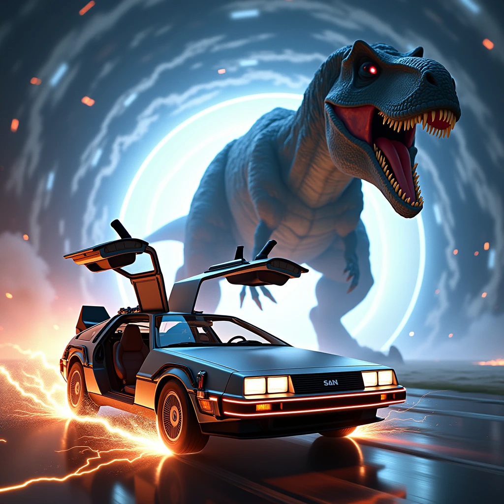 The Delorean from Back to the Future is being chased by a Tyrannosaurus King while it is crossing the time barrier between lights and lightning