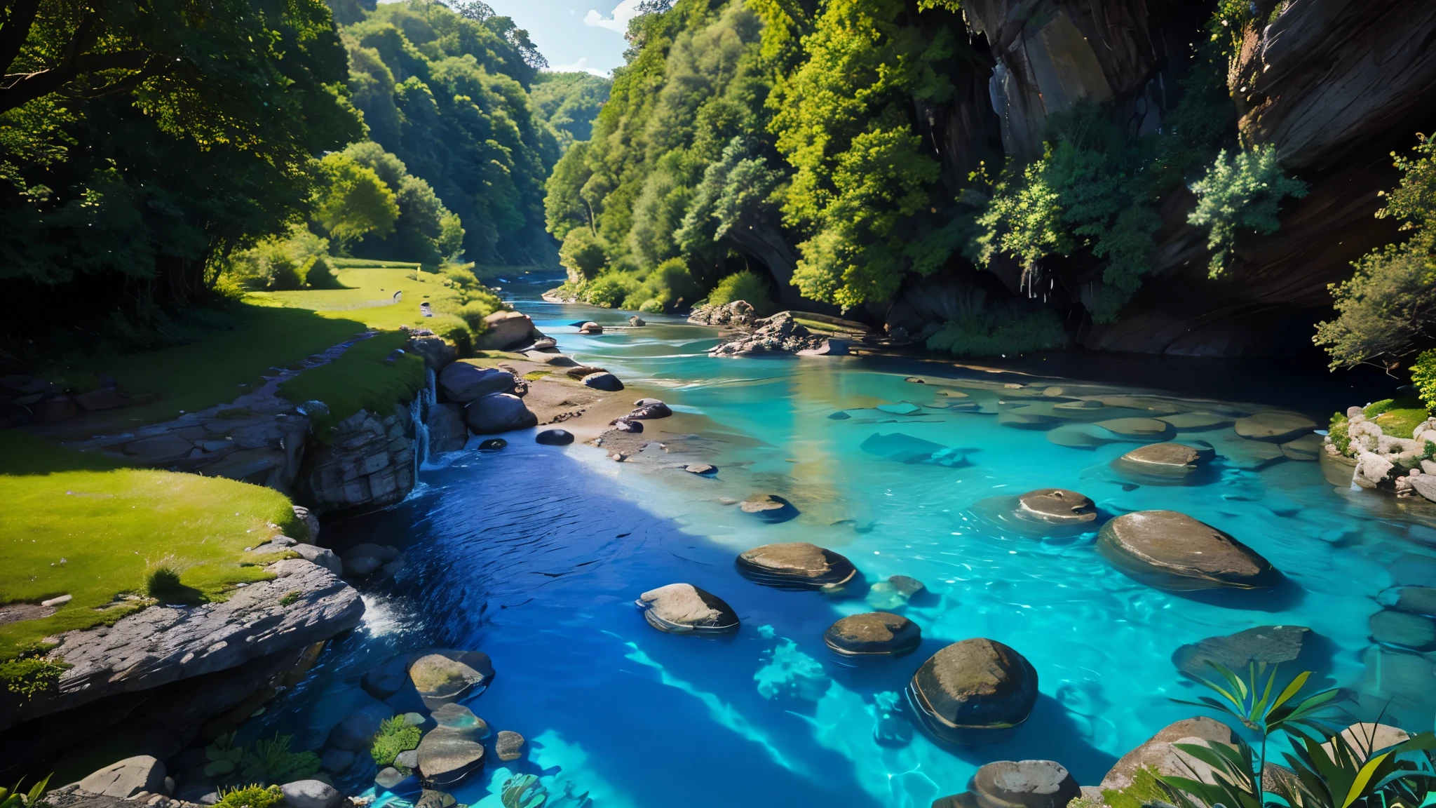 river went out of the enchanting garden of Eden to water the garden; and from thence it was parted and became into four heads, the water is crystal clear blue water, extremely beautiful, four river heads, 32K UHD, Cinematic, warm tone, style raw, no one is in the river, show 4 different river heads