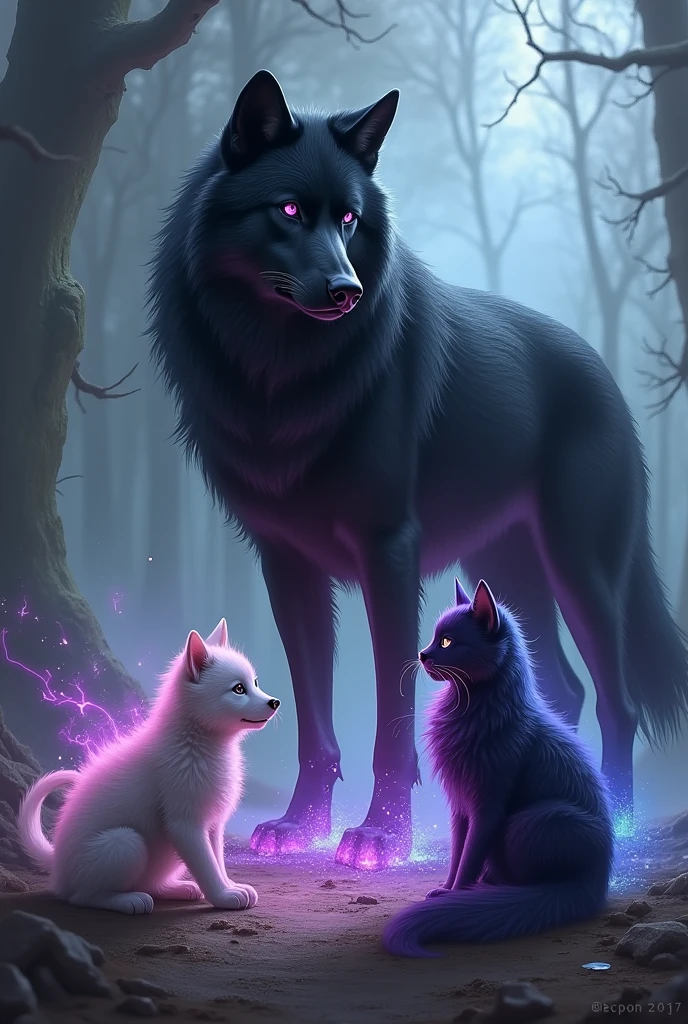 Imagine a black wolf and a shadow spirit pink and grey puppy with short hair and a shadow spirit purple and black cat with long hair