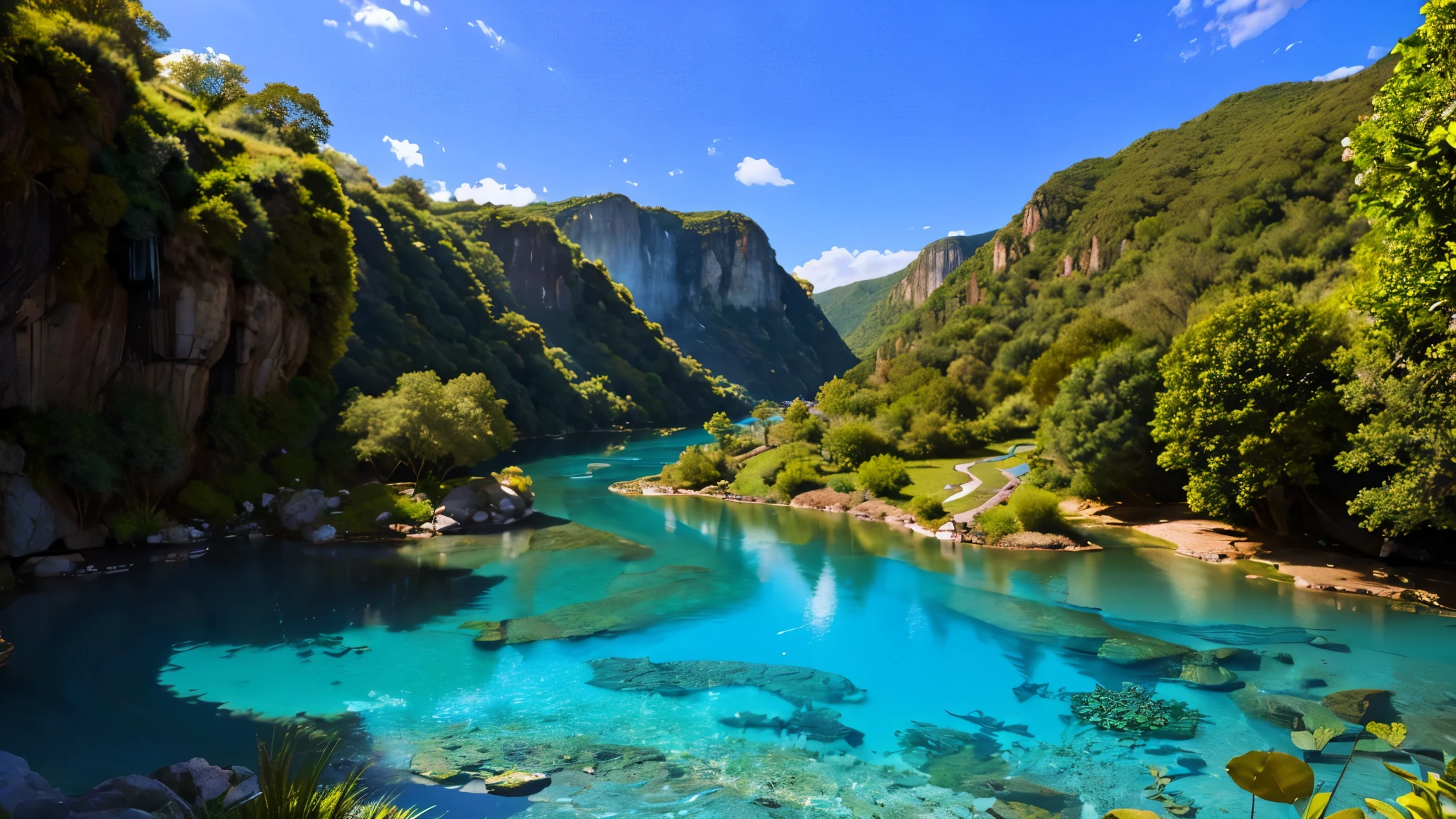 river went out of the enchanting garden of Eden to water the garden; and from thence it was parted and became into four heads, the water is crystal clear blue water, extremely beautiful, four river heads, 32K UHD, Cinematic, warm tone, style raw, no one is in the river, show 4 different river heads