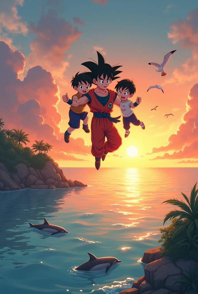 A SUNSET ON AN ISLAND IN FRONT OF THE SEA WITH DOLPHINS IN THE WATER AND SEAGULLS IN THE SKY AND SON GUKU SAYING GOODBYE WHILE FLYING TOGETHER WITH THEIR CHILDREN GOJAN PGOTEN