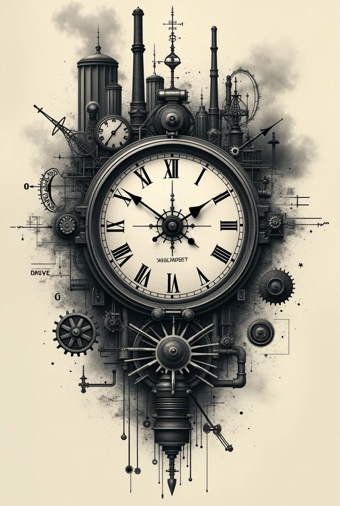 tattoo expressing on a clock Einstein's law of relativity along with the history of the industrial revolution