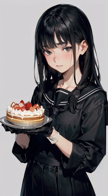 (((masterpiece))), (((best quality))), ((ultra-detailed)), (illustration), (detailed light), ((an extremely delicate and beautiful)), (beautiful detailed eyes), (better hands:1.2), cake, holding cake, holding, beautiful hands, perfect anatomy, 1girl, black hair, (long hair:1.2), (himecut:1.2), (straight bangs:1.2), black eyes, half closed eyes, (empty eyes:1.2), blank eyes, surprised, shy, blush, black serafuku, black leather gloves, medium chest, (jitome:1.3), simple background, grey background, flat_colorligne_claire