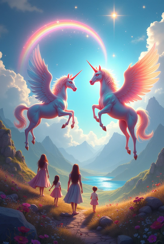 Create a group of winged unicorns in a very colorful landscape with rainbows casting a spell on humans. Leaving them mesmerized