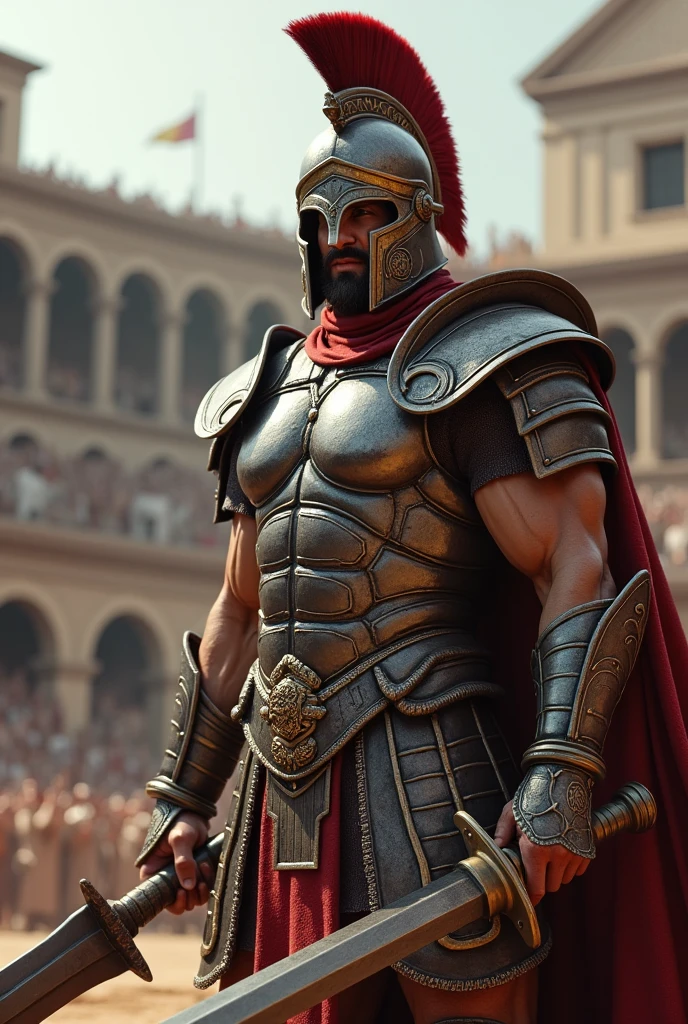 Gladiator, iron armor, myrmidon helmet, huge sword
 