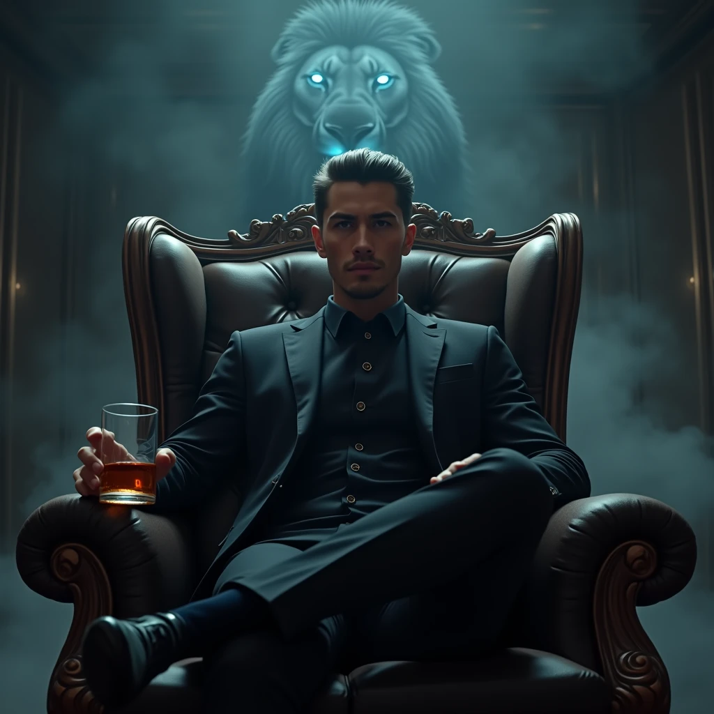 Create a realistic image where a man wearing black luxury suit and sitting on king size chair, he's holding a whiskey glass in his hand, there is smoke in background a shadow of lion and lion's eyes is glowing in blue colour. In background the name "chico" is showing in bold effects just attached above the chair the head of the character as per his name