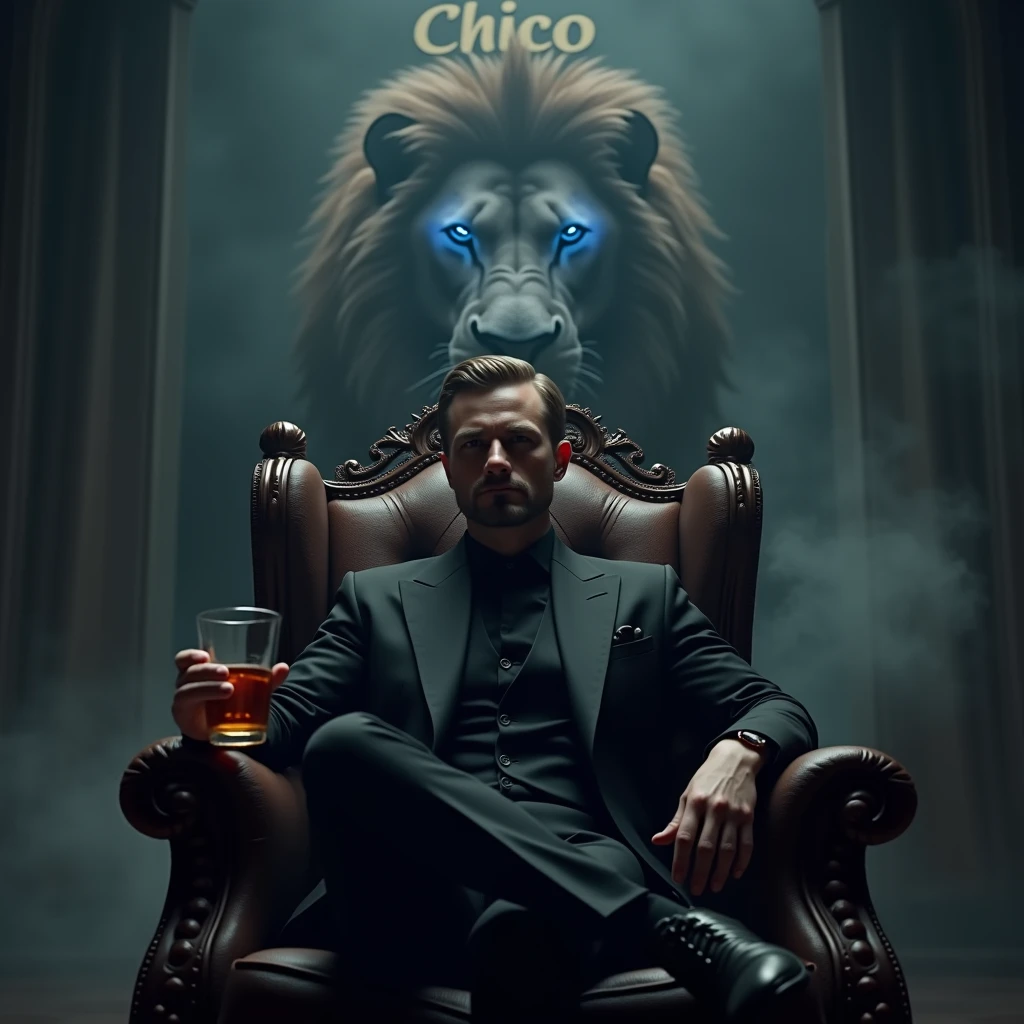 Create a realistic image where a man wearing black luxury suit and sitting on king size chair, he's holding a whiskey glass in his hand, there is smoke in background a shadow of lion and lion's eyes is glowing in blue colour. In background the name "chico" is showing in bold effects just attached above the chair the head of the character as per his name