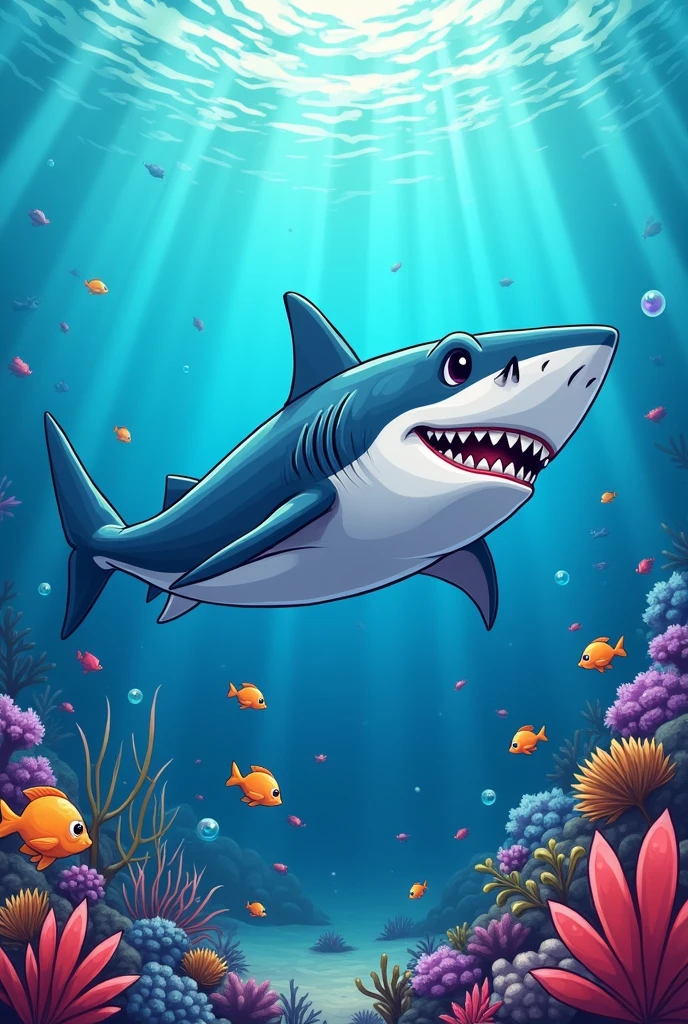 "A strong and protective father shark swimming in the deep blue ocean. The scene features a mix of vibrant marine life, with the daddy shark looking confident and watchful In cartoon form