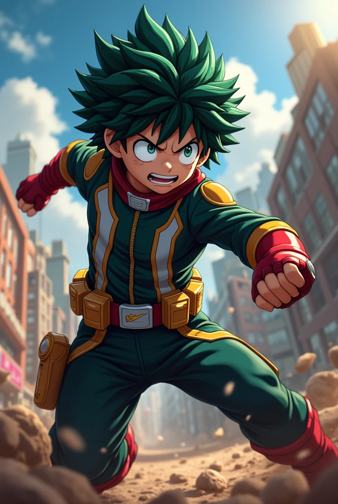 a realistic photo, hdr definition, uhd photo realistic, hyper detailed, Izuku Midoriya, in full action, he faces a super villain, we feel his determination, his gaze is determined, dynamic pose, background My hero academia universe, multiple details make this photo a masterpiece