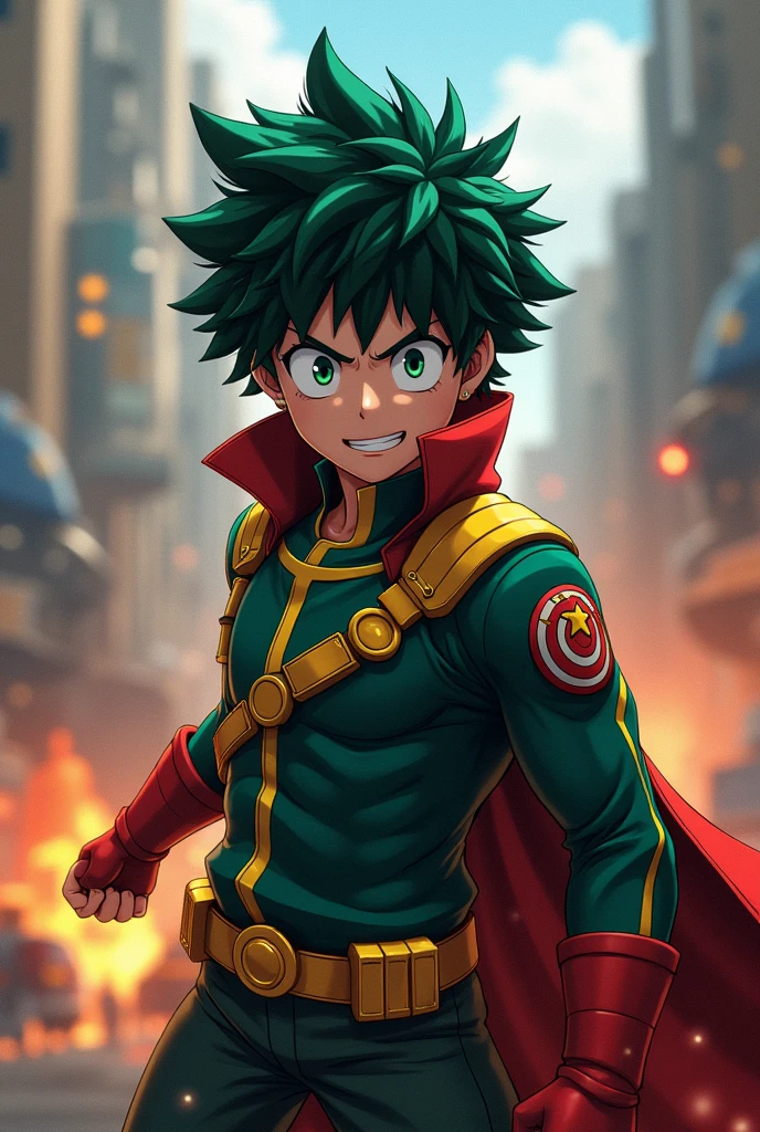 a realistic photo, hdr definition, uhd photo realistic, hyper detailed, Izuku Midoriya, in full action, he faces a super villain, we feel his determination, his gaze is determined, dynamic pose, background My hero academia universe, multiple details make this photo a masterpiece