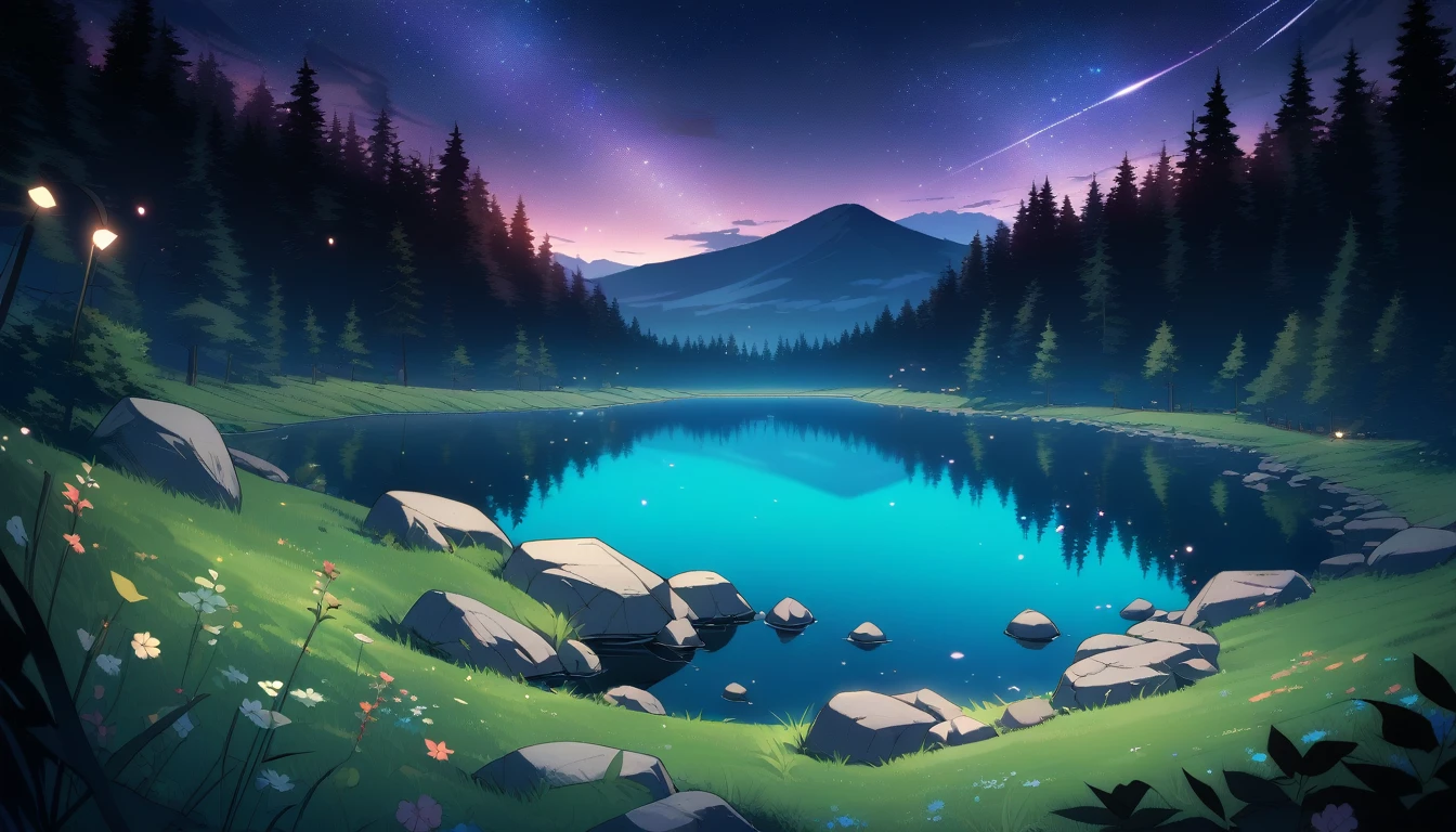 anime, beautiful forest night, lake in distance, small rocks