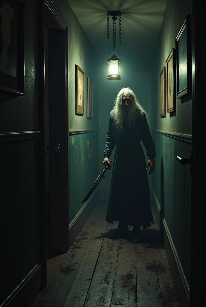 "Exploring the hallway and finding the old assassin"
"with the flashlight shaking slightly in his hand, she gets out of bed, your feet touching the cold wooden floor. With every step, the floor creaks under your weight, but she moves towards the half-open door. Opening it carefully, the light of the lantern reveals a long dark corridor, its walls covered with old, faded portraits, as if every face was watching your movements.
By proceeding with caution, the silence is interrupted by a distant sound of shuffling footsteps. She quickly turns off the flashlight, your heart racing. Across the hall, emerging from a side door, a hunched figure appears—a frightening-looking old woman. Her long, dirty dress brushes the floor as she walks., holding something shiny and sharp in one hand, a big knife. The old woman's face is wrinkled and stern, his small, cold eyes scan the hallway as if he were looking for something... or someone.
The character holds his breath, leaning against the wall silently. The old woman walks slowly down the corridor, dragging the knife on the wooden floor, but you don't see it
