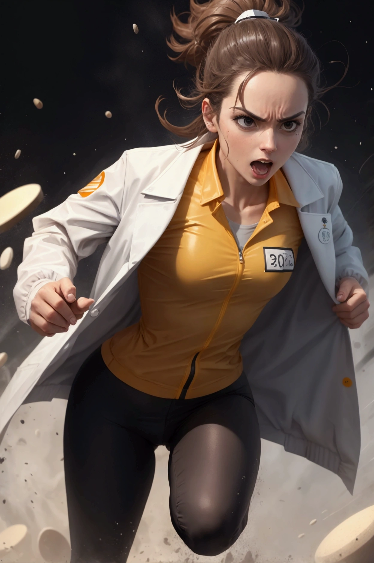CREATE A SCIENTIST RUNNING IN A HURRY WEARING A LABORATORY JACKET