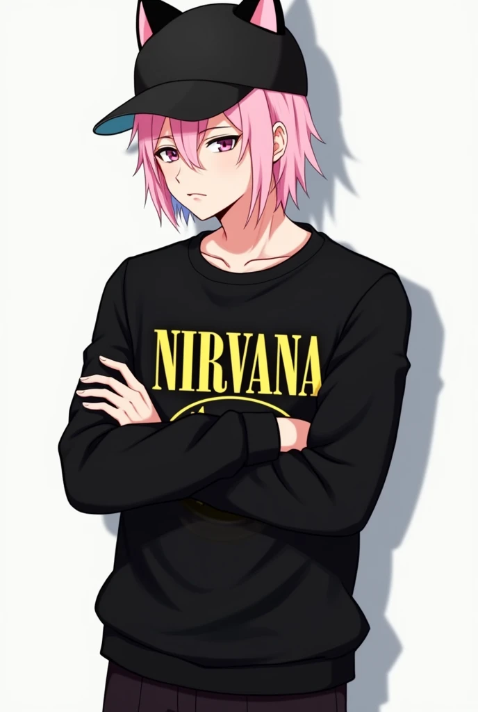 Teenage boy with medium short pastel pink hair wearing a black sweater that says nirvana and black pants and a hat with cat ears with arms crossed looking straight ahead seriously with medium large pecs and no beard
