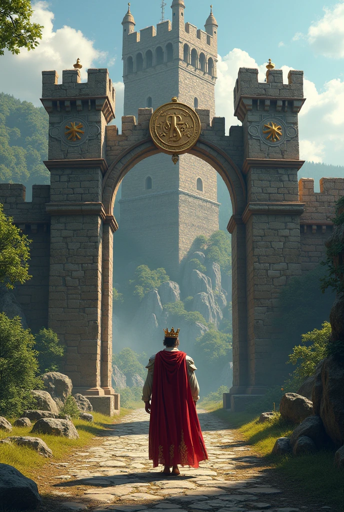 The king enters a castle which has the symbol of a coin