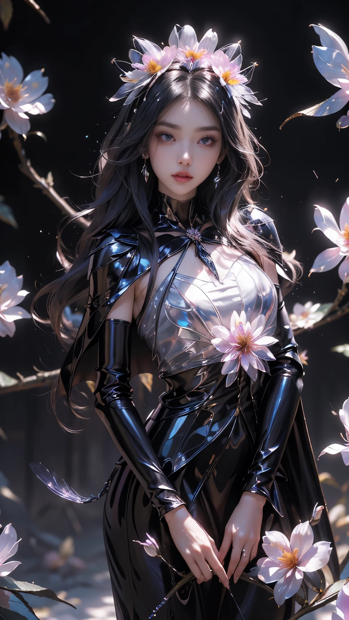 8k, masterpiece, 1 girl, beautiful face, very long hair, light makeup, (glossy skin:1.5), detailed eyes, detailed lips, small bust, short clothing, dragonfly, ((black dragonfly clothing)), ((flowing cape)), light clothing, (flower falling:1.5), god rays, depth of field, ray tracing,