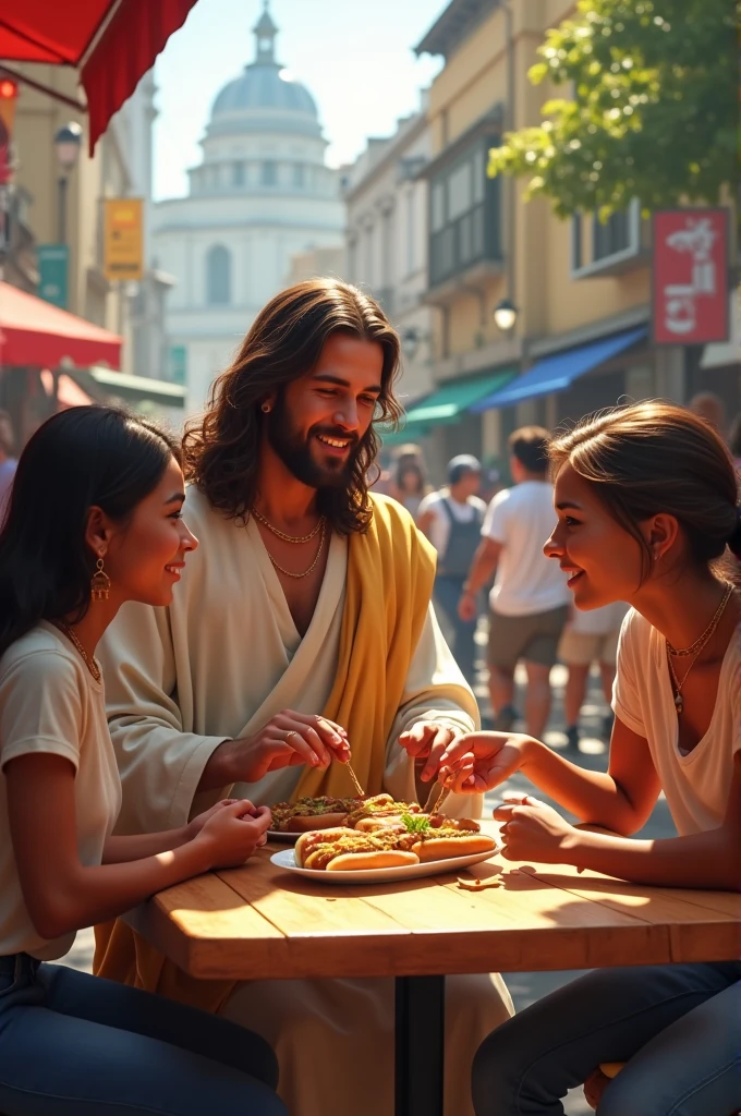 Jesus eating a hot dog with two young people in Curitiba
