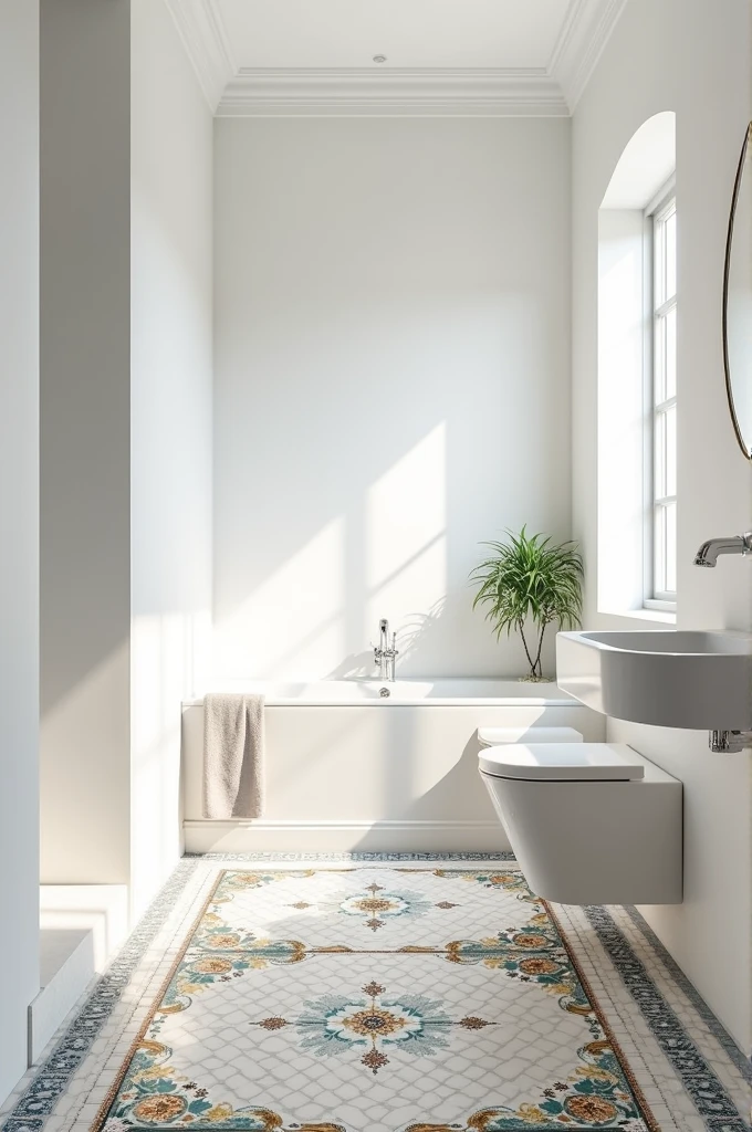 A bathroom with white walls and majolica floors