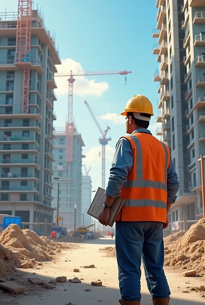 civil builder looking at your project, in the background there are buildings being built