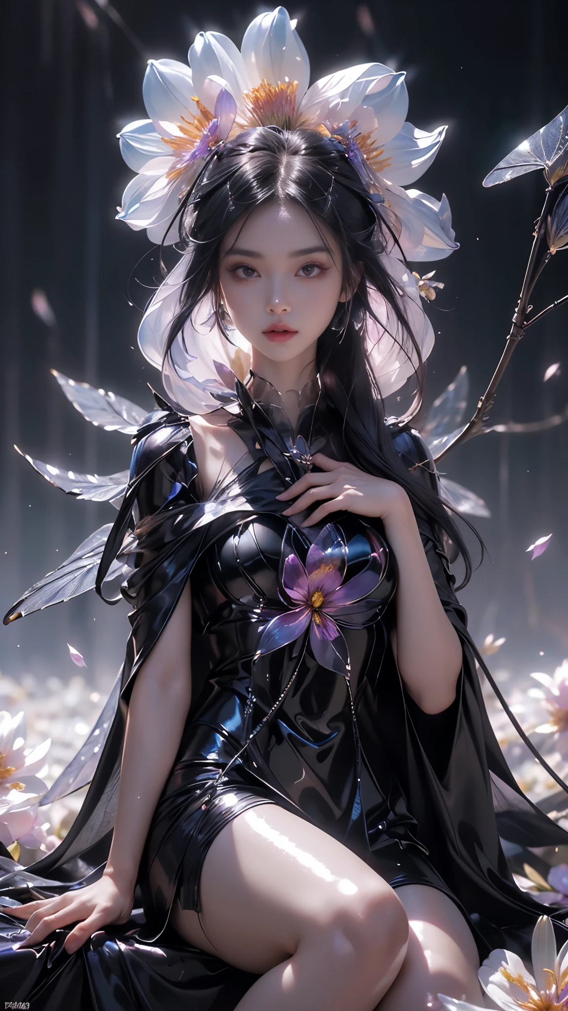 8k, masterpiece, 1 girl, beautiful face, very long hair, light makeup, (glossy skin:1.5), detailed eyes, detailed lips, small bust, short clothing, dragonfly, ((black dragonfly clothing)), ((flowing cape)), light clothing, (flower falling:1.5), god rays, depth of field, ray tracing,