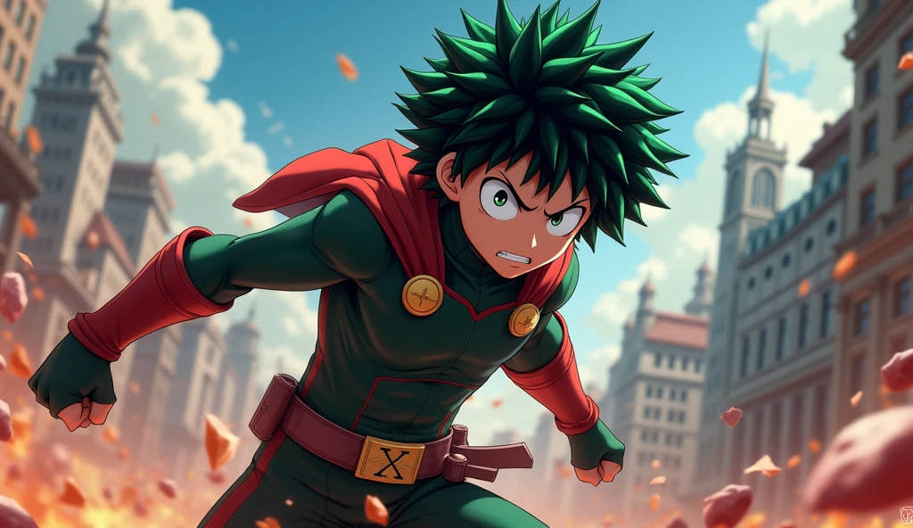 a realistic photo, hdr definition, uhd photo realistic, hyper detailed, Izuku Midoriya, in full action, he faces a super villain, we feel his determination, his gaze is determined, dynamic pose, background My hero academia universe, multiple details make this photo a masterpiece