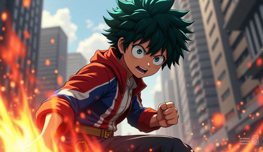 a realistic photo, hdr definition, uhd photo realistic, hyper detailed, Izuku Midoriya, in full action, he faces a super villain, we feel his determination, his gaze is determined, dynamic pose, background My hero academia universe, multiple details make this photo a masterpiece